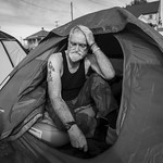 Man living in a tent in Vancouver, Washington.