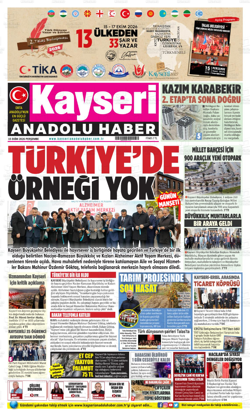 Kayseri Gazeteleri Manşetleri – 15 Ekim 2026