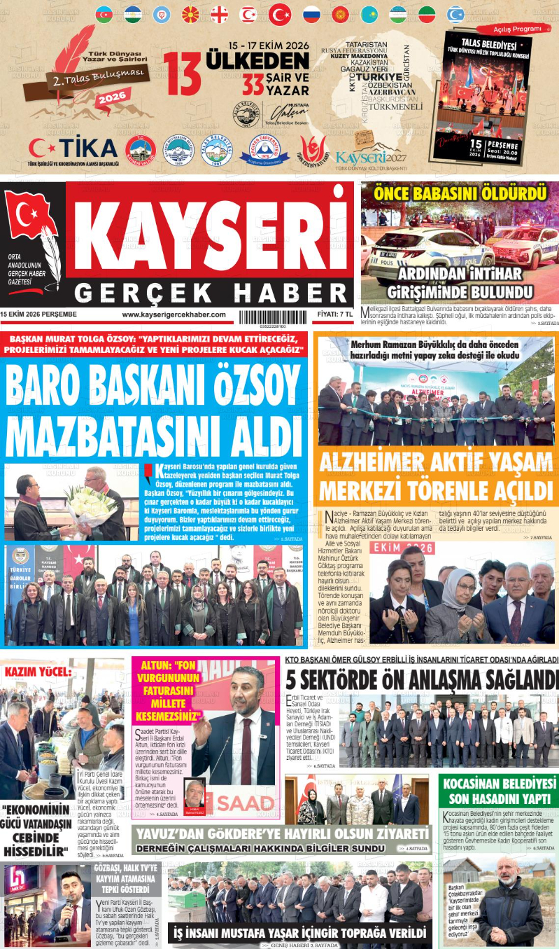 Kayseri Gazeteleri Manşetleri – 15 Ekim 2026