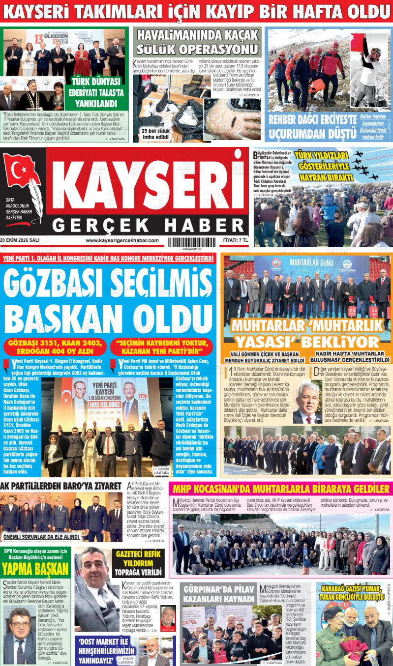 20 Ekim 2026 Kayseri Yerel Gazete Manşetleri: Bugün Hangi Haberler Öne Çıktı?