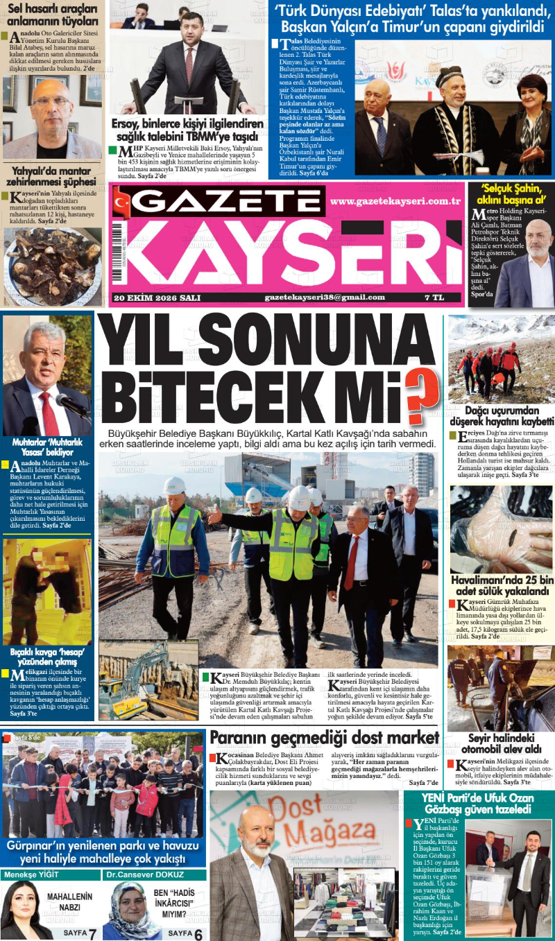 20 Ekim 2026 Kayseri Yerel Gazete Manşetleri: Bugün Hangi Haberler Öne Çıktı?