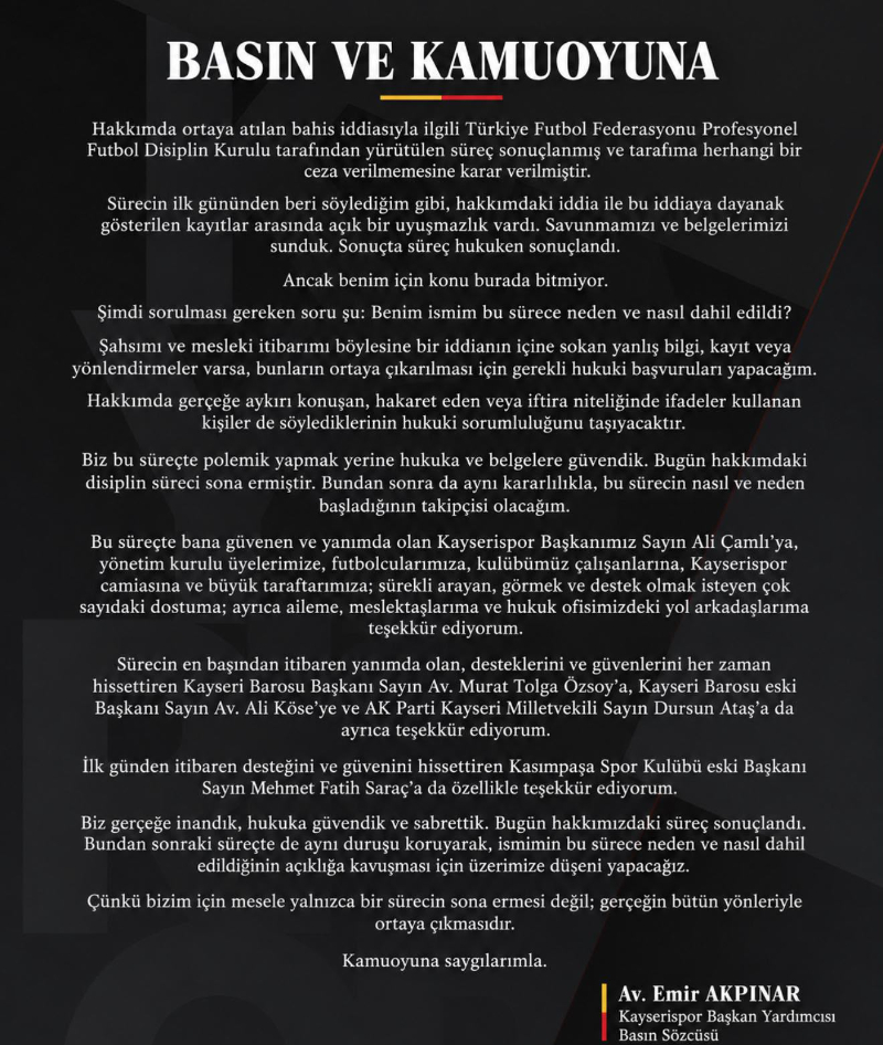 Kayserispor Başkan Yardımcısı Emir Akpınar'a bahis soruşturmasında ceza verilmedi